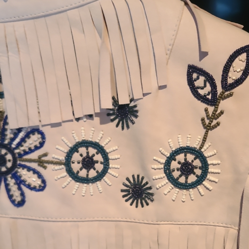 Double D Ranch Cream Leather Fringe Jacket with Blue Embroidery Western Style - Picture 9 of 13